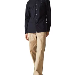 Outlet ❤️ Lacoste Long Sleeve Slim Stretch Poplin ???? Shirt In Blue ⭐