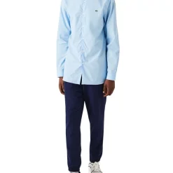Promo ???? Lacoste Long Sleeve Slim Stretch Poplin ???? Shirt In Overview Blue ❤️