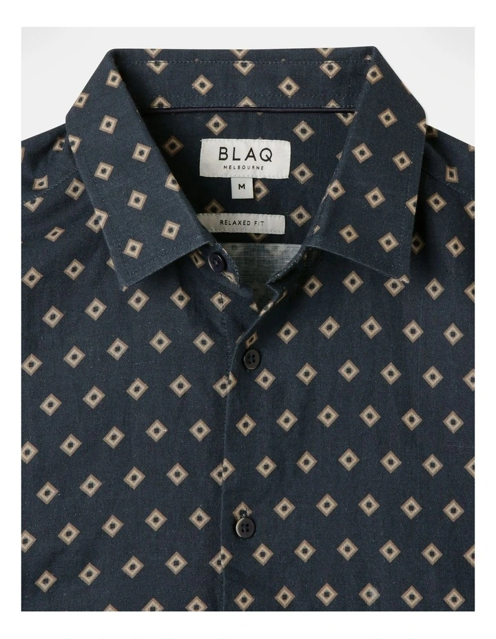 Buy ???? Blaq Gilbert Geo Print Short Sleeve Linen Blend ???? Shirt In Navy ✔️ 4 Buy ???? Blaq Gilbert Geo Print Short Sleeve Linen Blend ???? Shirt In Navy ✔️ - Image 2